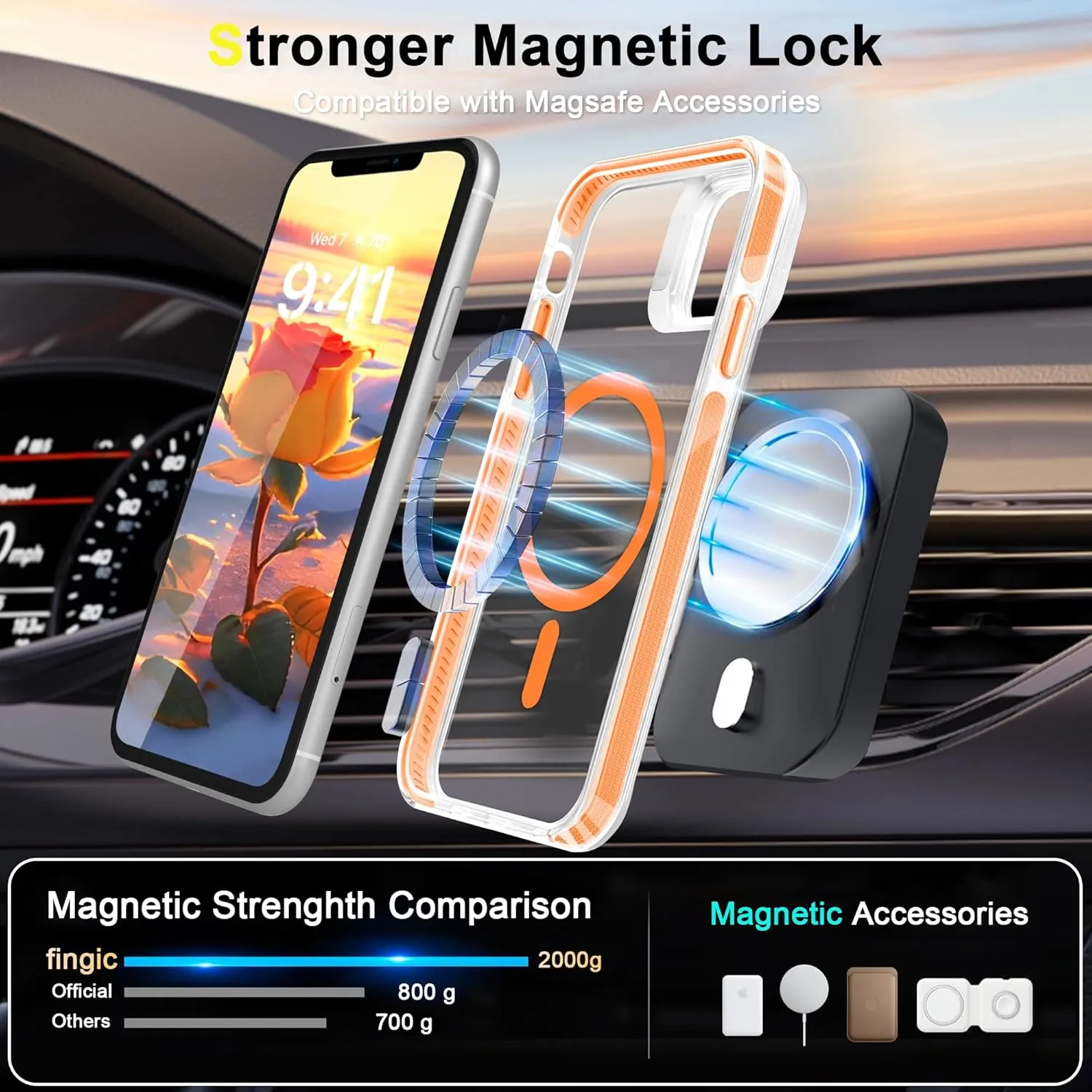 Fingic for iPhone 11 Case [with Camera Stand Ring Holder Kickstand][Compatible with Magsafe] Support Magnetic Car Mount Upgraded Camera Protection Thin Shockproof Protective Case for iPhone 11,Orange