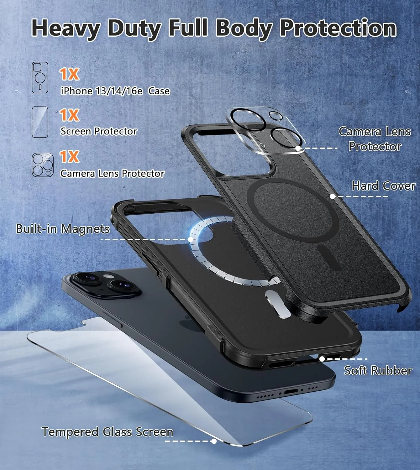 FNTCASE for iPhone 13/14 Magnet Case: iPhone 16e Magnetic Dual Layer Military Grade Drop Shockproof Protection Cell Phone Cover - Rugged Durable Heavy Duty Protective Bumper Tough Black