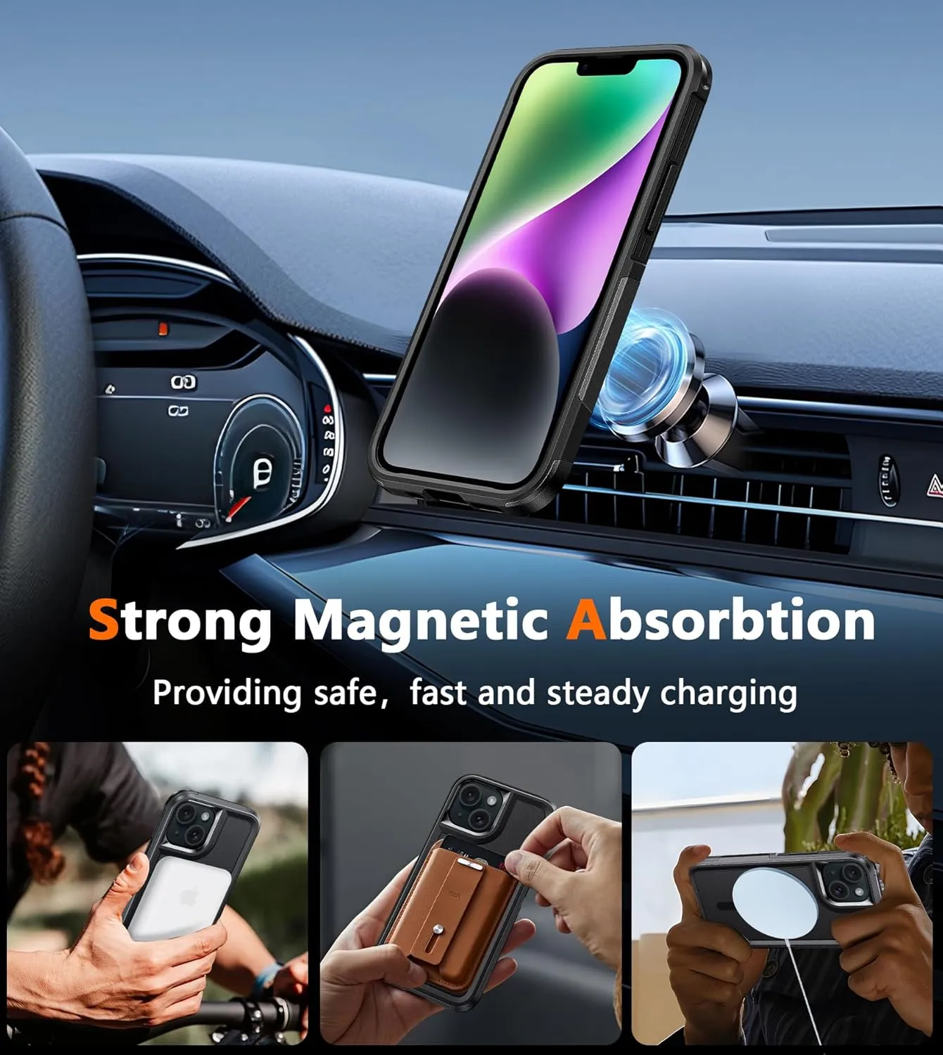 FNTCASE for iPhone 13/14 Magnet Case: iPhone 16e Magnetic Dual Layer Military Grade Drop Shockproof Protection Cell Phone Cover - Rugged Durable Heavy Duty Protective Bumper Tough Black