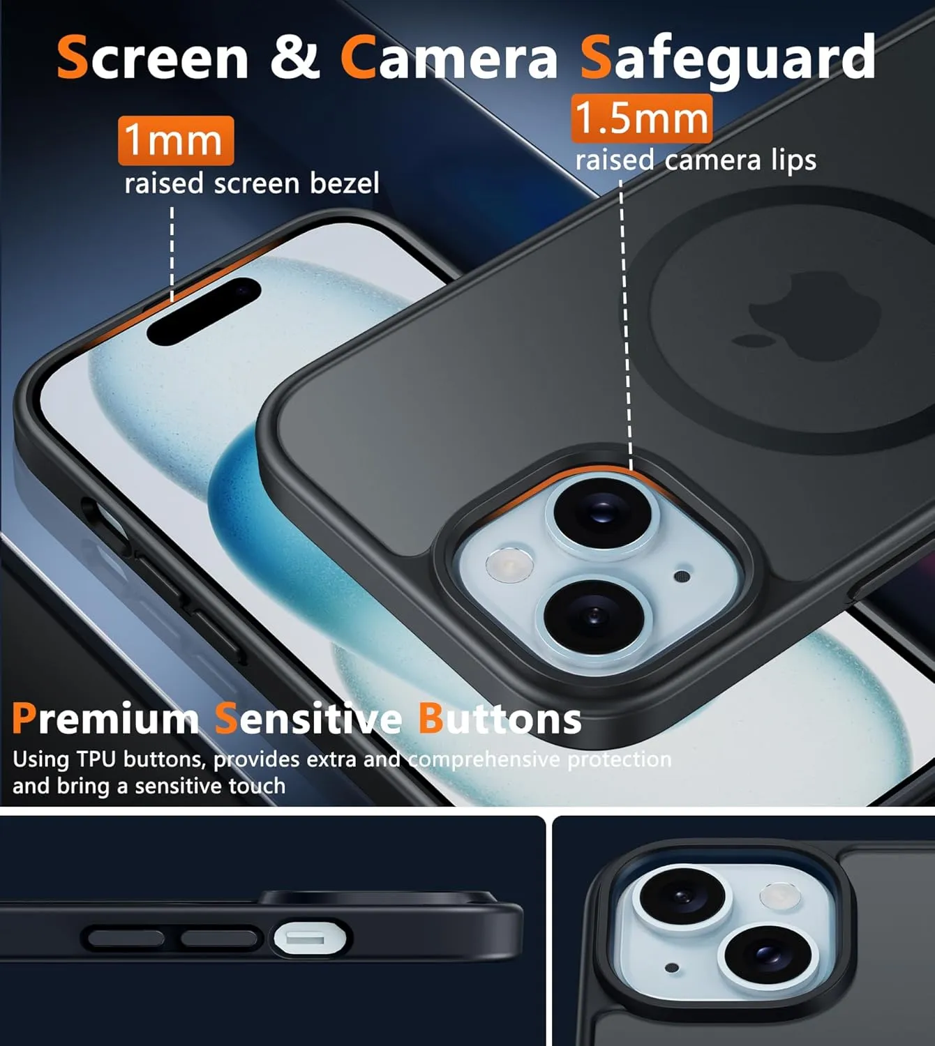 FNTCASE for iPhone 15 Case: for iPhone 14 & iPhone 13 Case | Magnetic Frosted Translucent Slim Shockproof Cell Phone Cover | Military Grade Protection Drop Proof Tough Protective Cases - Black