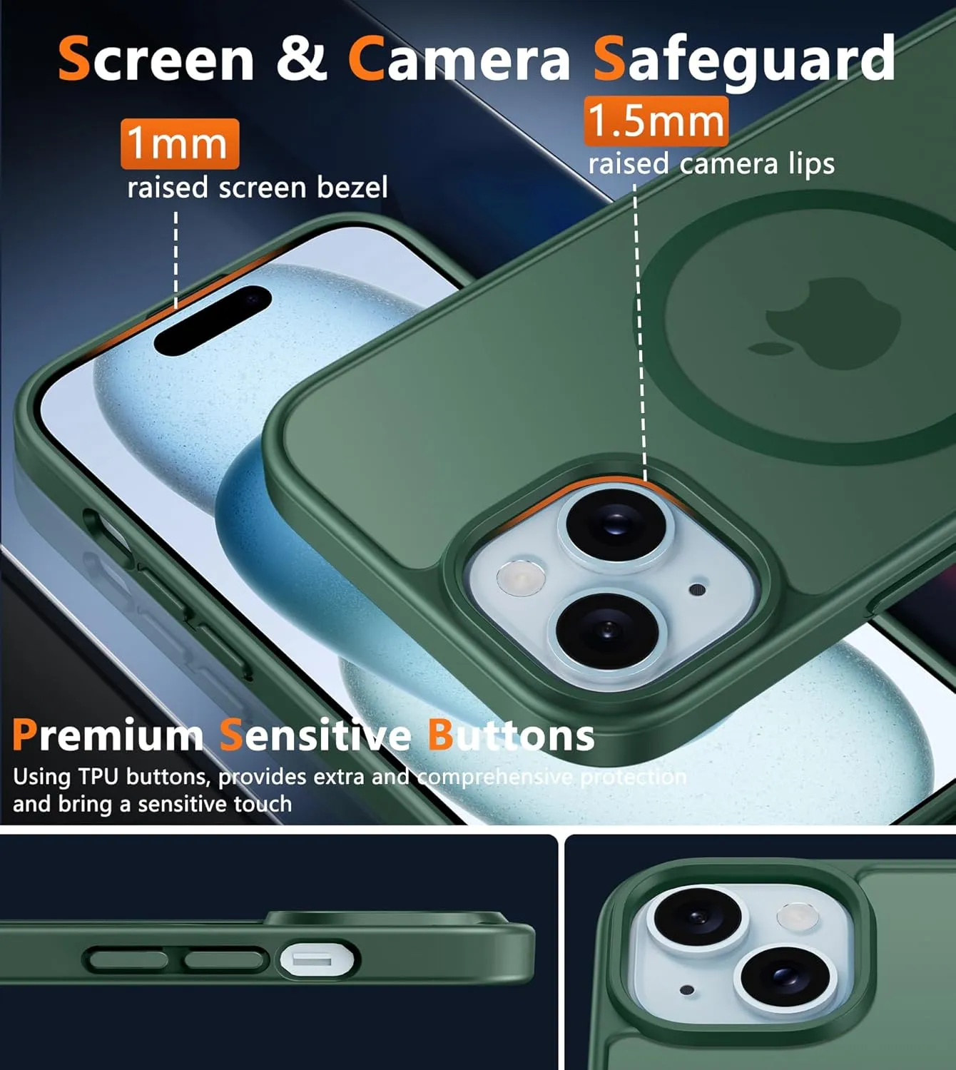 FNTCASE for iPhone 15 Case: for iPhone 14 & iPhone 13 Case | Magnetic Frosted Translucent Slim Shockproof Cell Phone Cover | Military Grade Protection Drop Proof Tough Protective Cases - Green