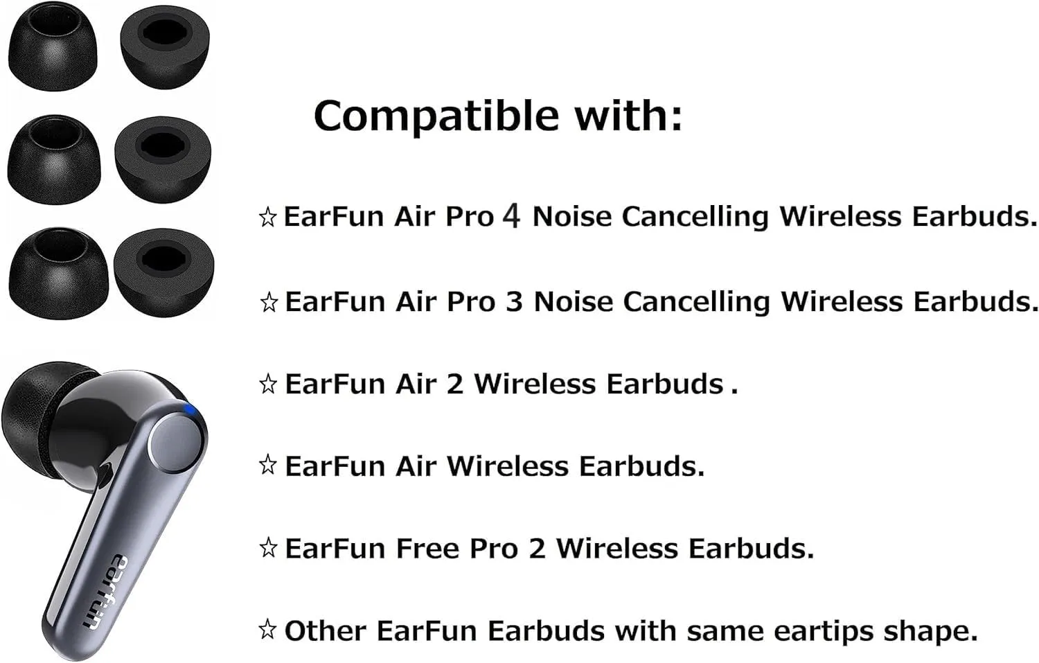 Foam Ear Tips Noise Canceling Memory Foam Eartips Ear Cap Replacement Ear Tip Compatible with Ear Fun Air Pro 4 Earbuds, Free Pro 3, Free 2S, Air Pro 3, Air 2, L/M/S 3 Size 6 Pairs,Black 2146P
