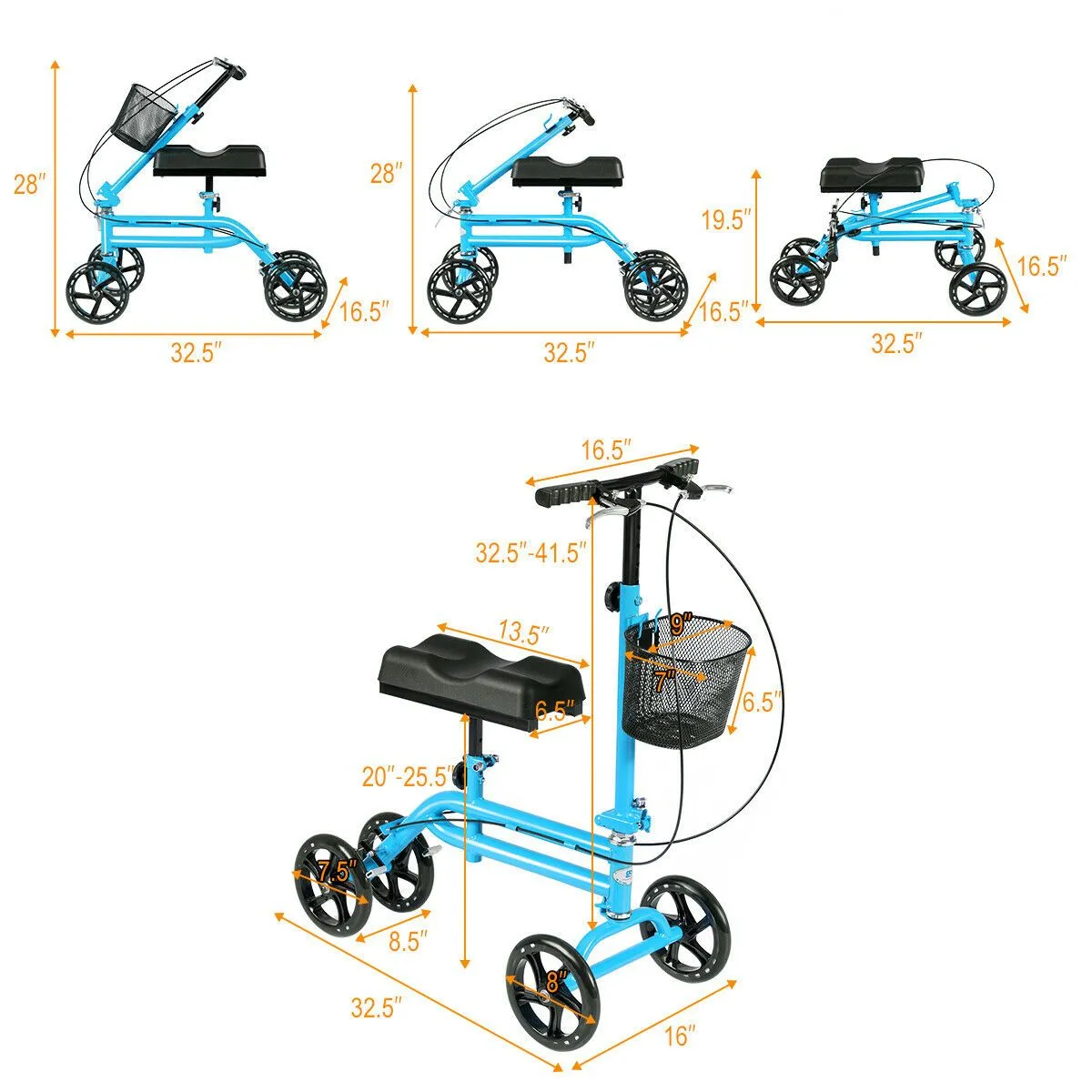 Foldable Knee Walker Scooter with Adjustable Handle & All-Terrain Wheels