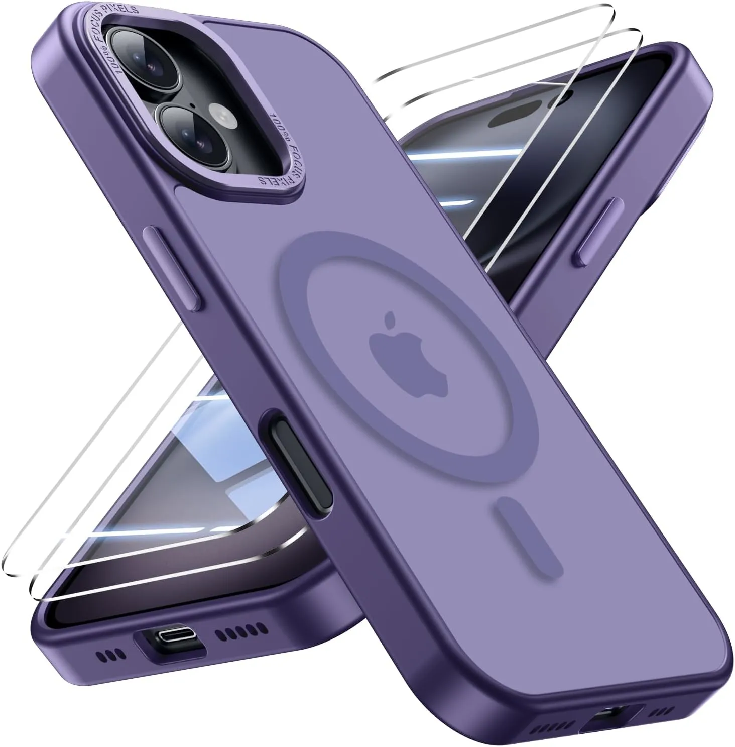 for iPhone 16 Case with 2X Screen Protectors [Compatible with MagSafe] Military Grade Drop Protection Skin Feeling Back Cover Shockproof Slim Fit iPhone 16 Phone Case 6.1 inch,Purple