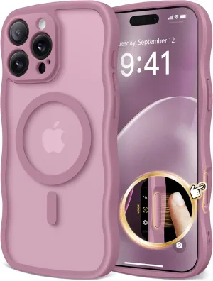for iPhone 16 Pro Max Case for Women Girls, Upgraded [Full Camera Protection] [Compatible with MagSafe] Cute Wave Translucent Matte Phone Case for iPhone 16 Pro Max, Black Currant