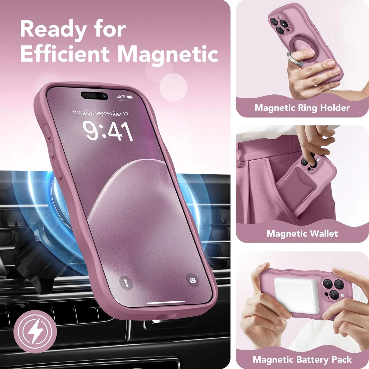 for iPhone 16 Pro Max Case for Women Girls, Upgraded [Full Camera Protection] [Compatible with MagSafe] Cute Wave Translucent Matte Phone Case for iPhone 16 Pro Max, Black Currant