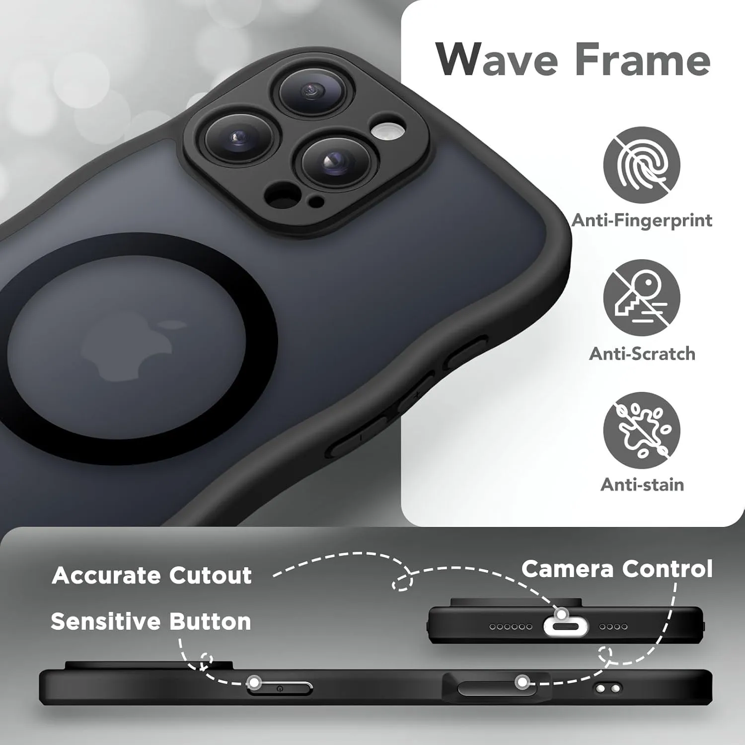for iPhone 16 Pro Max Case for Women Girls, Upgraded [Full Camera Protection] [Compatible with MagSafe] Cute Wave Translucent Matte Phone Case for iPhone 16 Pro Max, Black