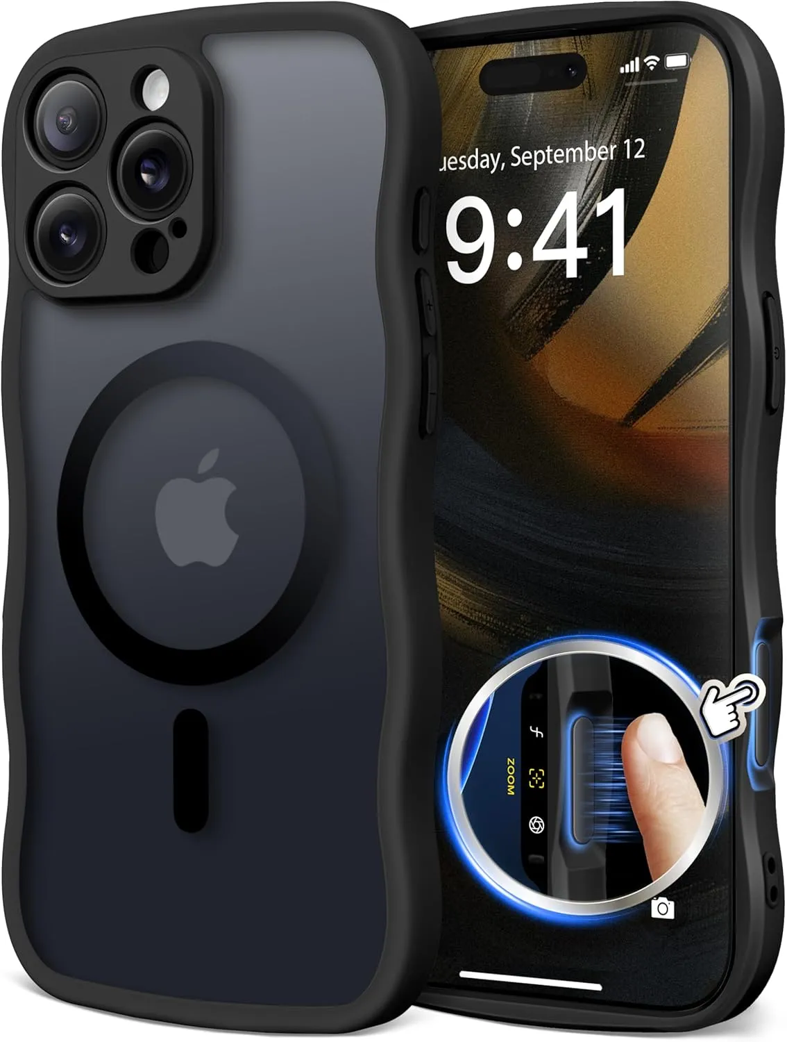 for iPhone 16 Pro Max Case for Women Girls, Upgraded [Full Camera Protection] [Compatible with MagSafe] Cute Wave Translucent Matte Phone Case for iPhone 16 Pro Max, Black