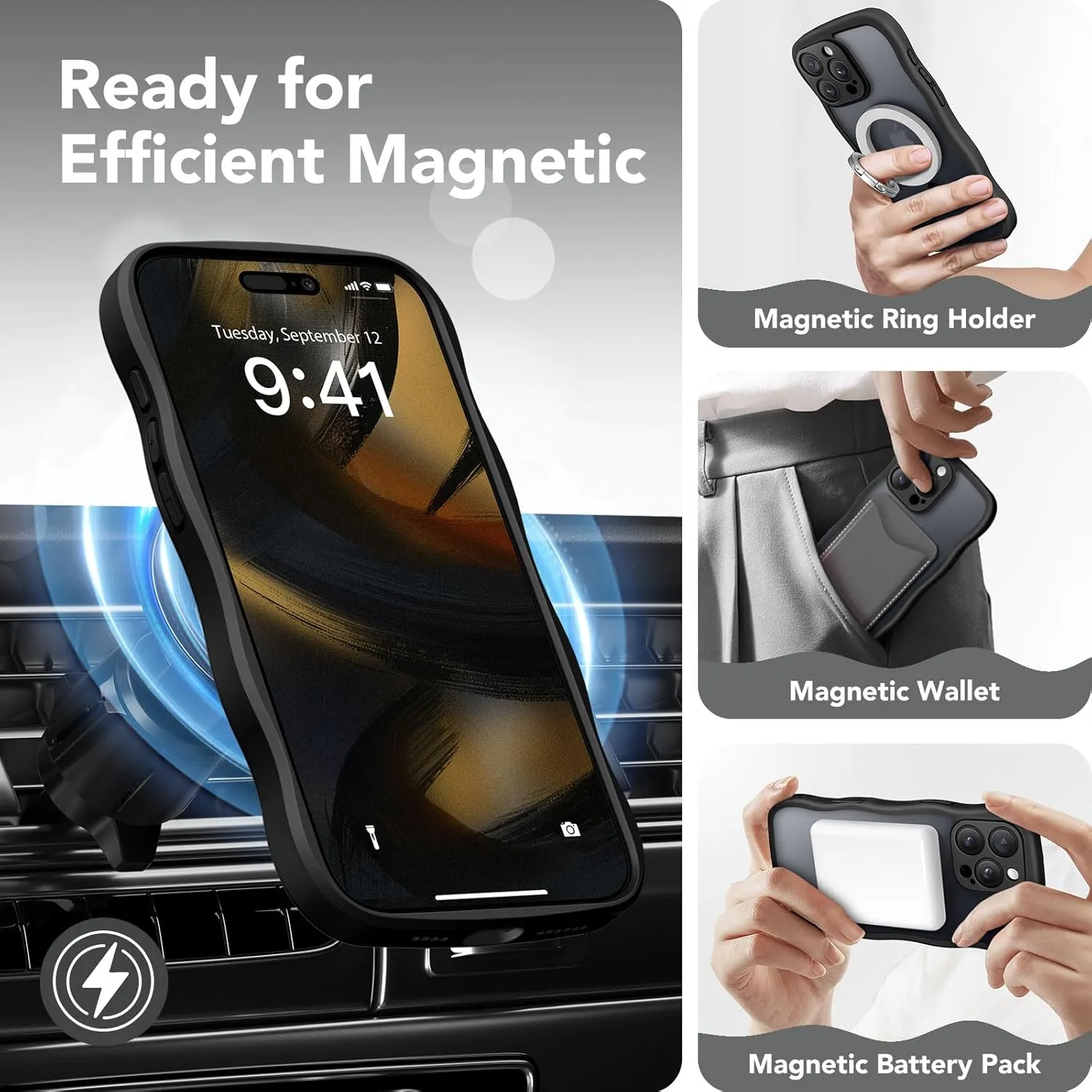 for iPhone 16 Pro Max Case for Women Girls, Upgraded [Full Camera Protection] [Compatible with MagSafe] Cute Wave Translucent Matte Phone Case for iPhone 16 Pro Max, Black