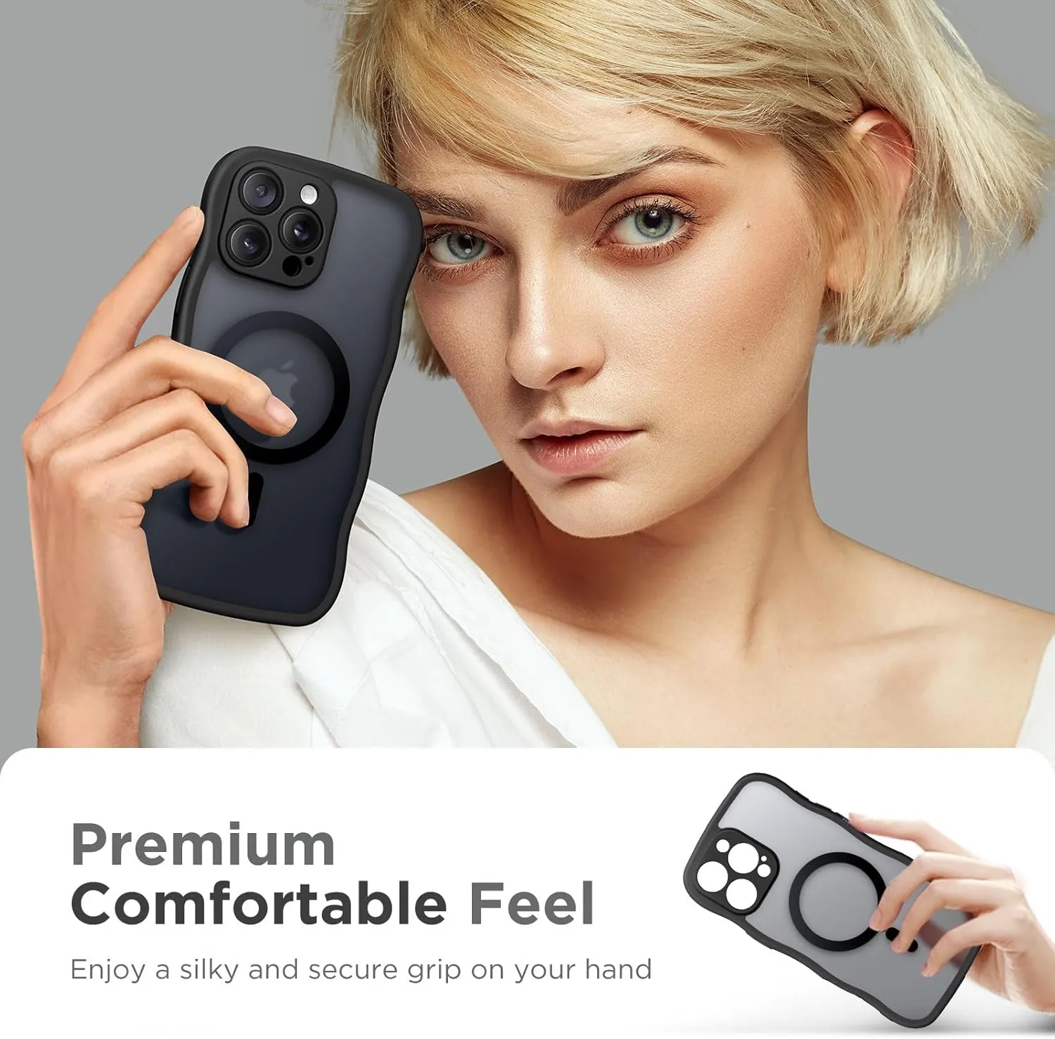 for iPhone 16 Pro Max Case for Women Girls, Upgraded [Full Camera Protection] [Compatible with MagSafe] Cute Wave Translucent Matte Phone Case for iPhone 16 Pro Max, Black