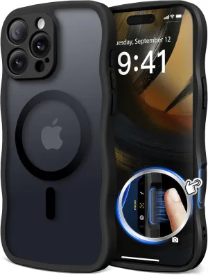 for iPhone 16 Pro Max Case for Women Girls, Upgraded [Full Camera Protection] [Compatible with MagSafe] Cute Wave Translucent Matte Phone Case for iPhone 16 Pro Max, Black