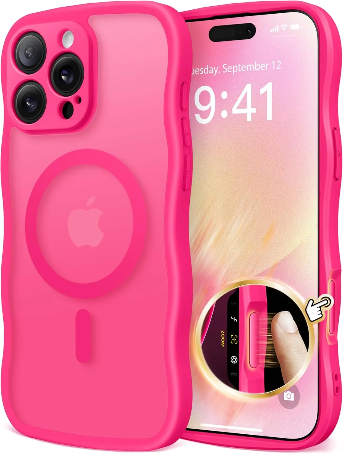 for iPhone 16 Pro Max Case for Women Girls, Upgraded [Full Camera Protection] [Compatible with MagSafe] Cute Wave Translucent Matte Phone Case for iPhone 16 Pro Max, Hot Pink