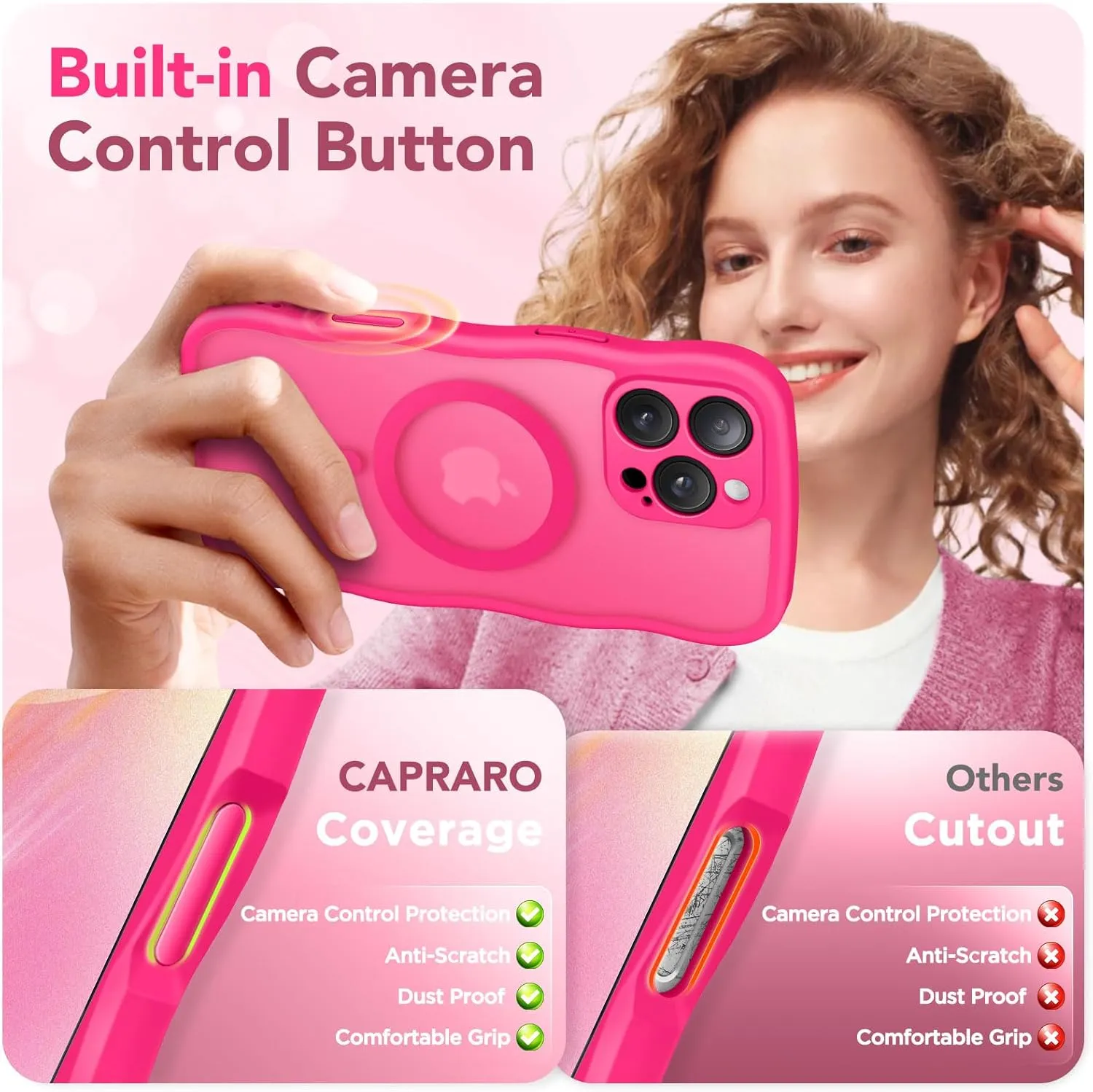 for iPhone 16 Pro Max Case for Women Girls, Upgraded [Full Camera Protection] [Compatible with MagSafe] Cute Wave Translucent Matte Phone Case for iPhone 16 Pro Max, Hot Pink