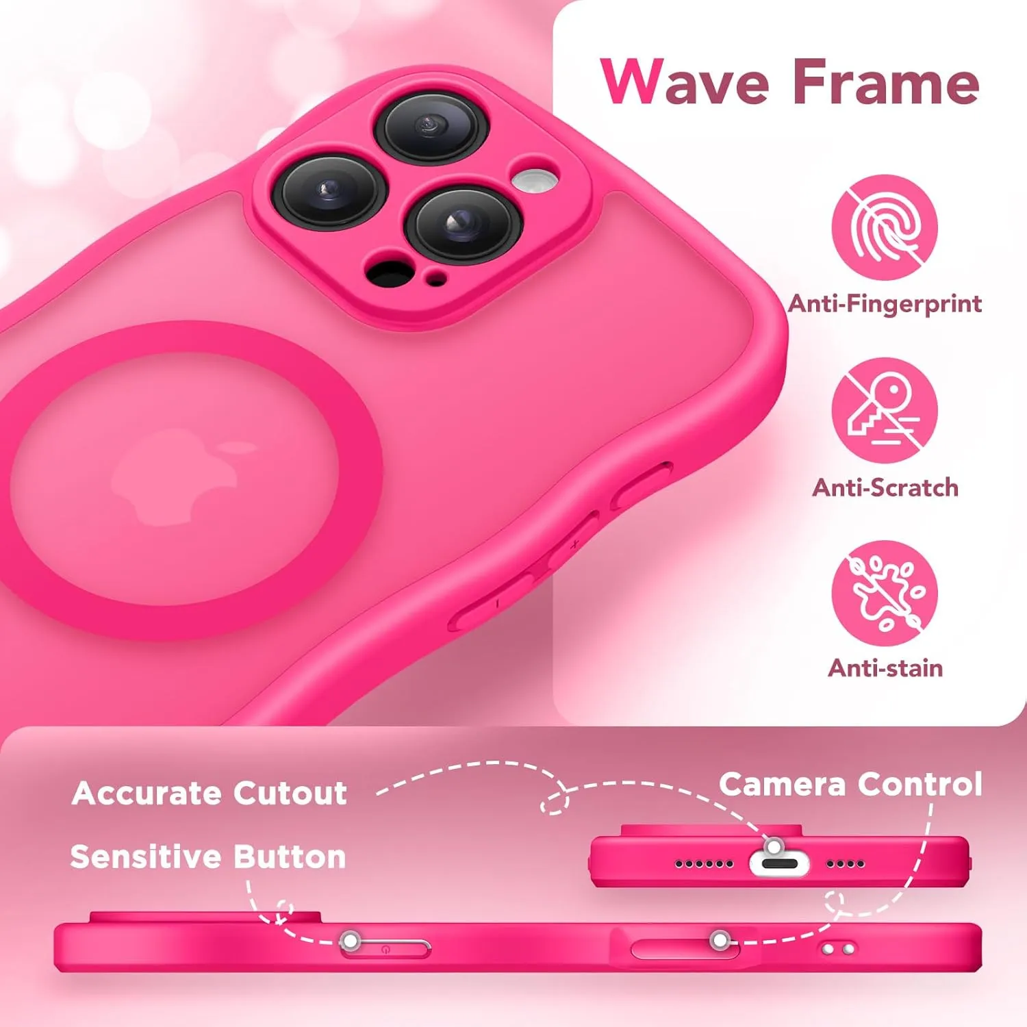 for iPhone 16 Pro Max Case for Women Girls, Upgraded [Full Camera Protection] [Compatible with MagSafe] Cute Wave Translucent Matte Phone Case for iPhone 16 Pro Max, Hot Pink