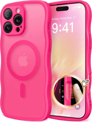 for iPhone 16 Pro Max Case for Women Girls, Upgraded [Full Camera Protection] [Compatible with MagSafe] Cute Wave Translucent Matte Phone Case for iPhone 16 Pro Max, Hot Pink