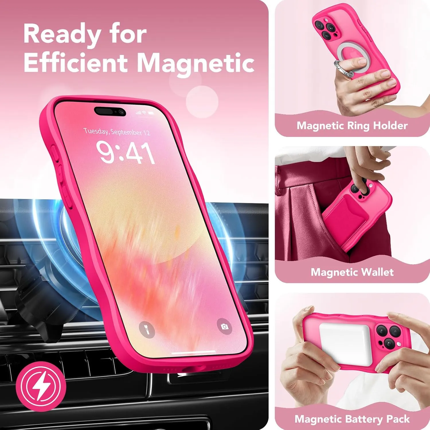 for iPhone 16 Pro Max Case for Women Girls, Upgraded [Full Camera Protection] [Compatible with MagSafe] Cute Wave Translucent Matte Phone Case for iPhone 16 Pro Max, Hot Pink