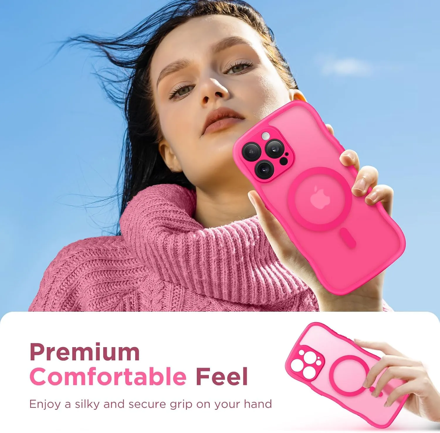 for iPhone 16 Pro Max Case for Women Girls, Upgraded [Full Camera Protection] [Compatible with MagSafe] Cute Wave Translucent Matte Phone Case for iPhone 16 Pro Max, Hot Pink
