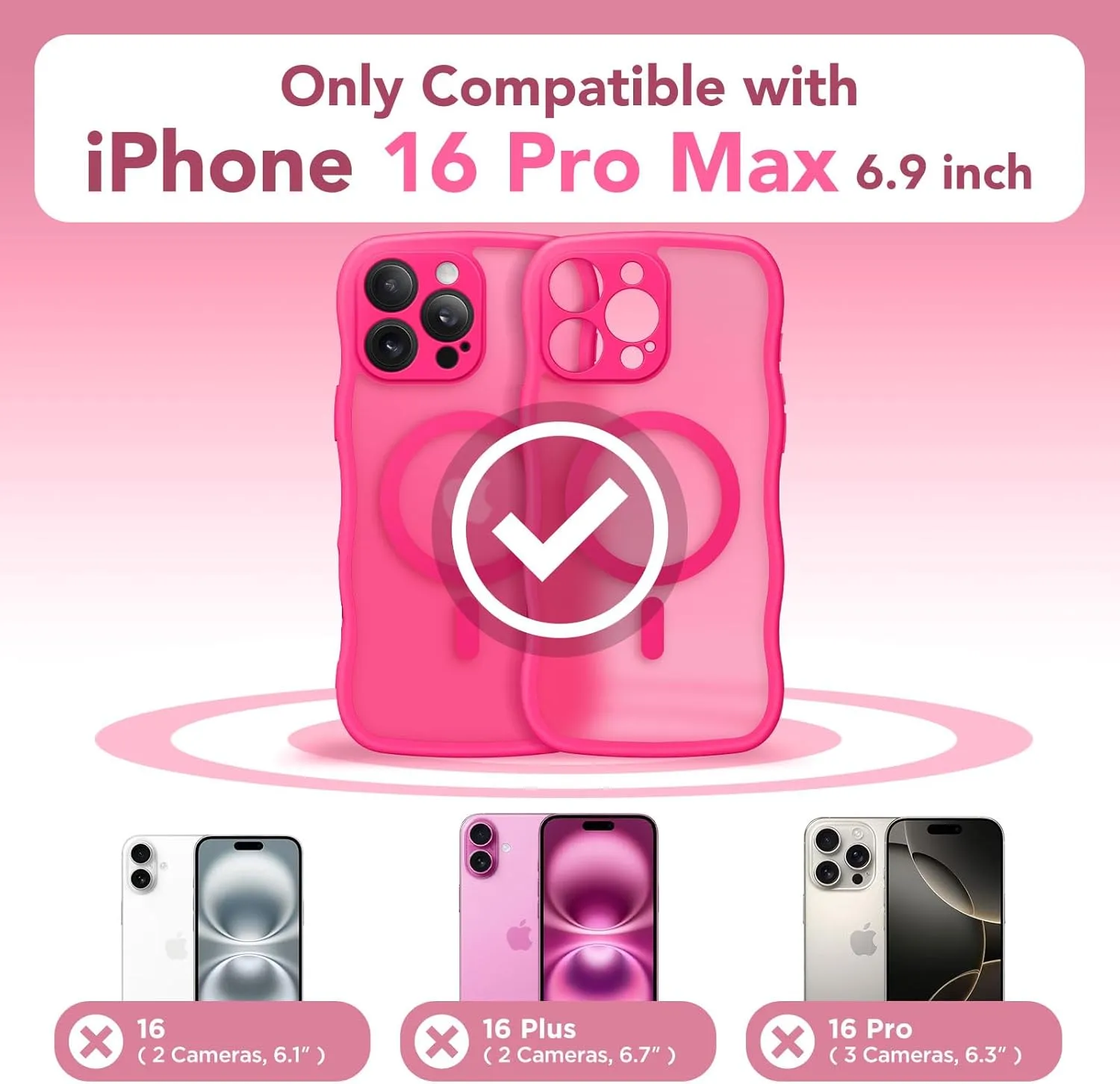 for iPhone 16 Pro Max Case for Women Girls, Upgraded [Full Camera Protection] [Compatible with MagSafe] Cute Wave Translucent Matte Phone Case for iPhone 16 Pro Max, Hot Pink