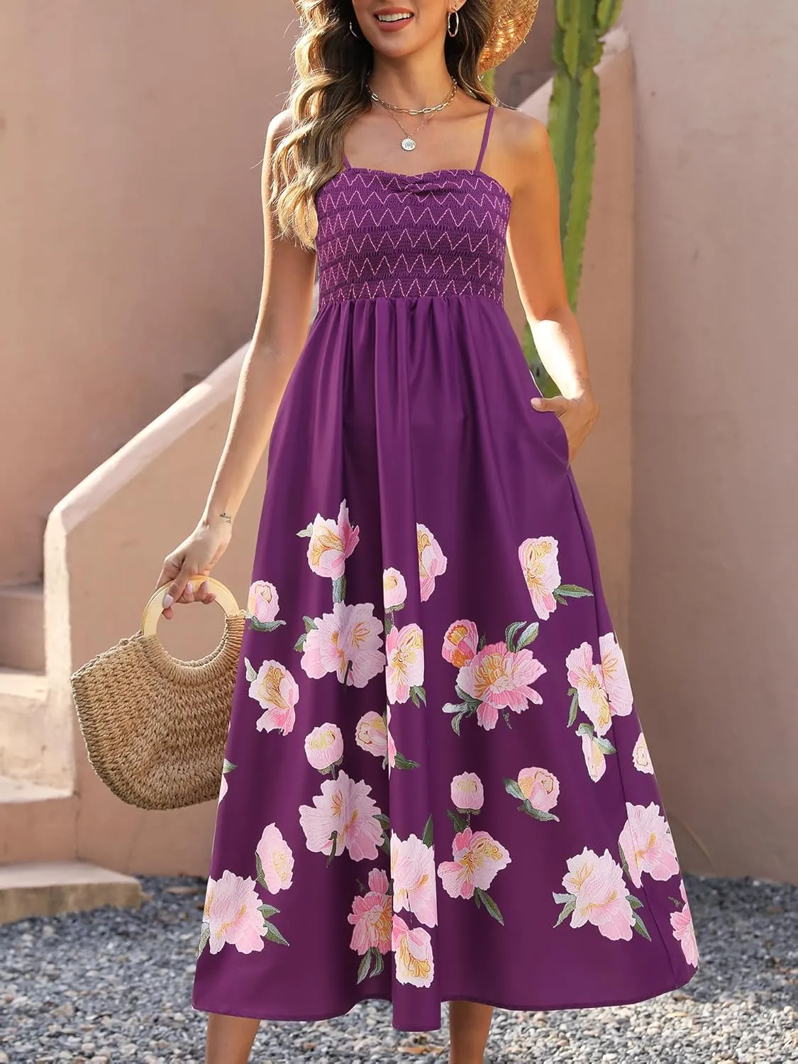 Gardenwed Women's Floral Print Maxi Dress,Spaghetti Strap Smocked Bodice A-Line Sundress with Pockets