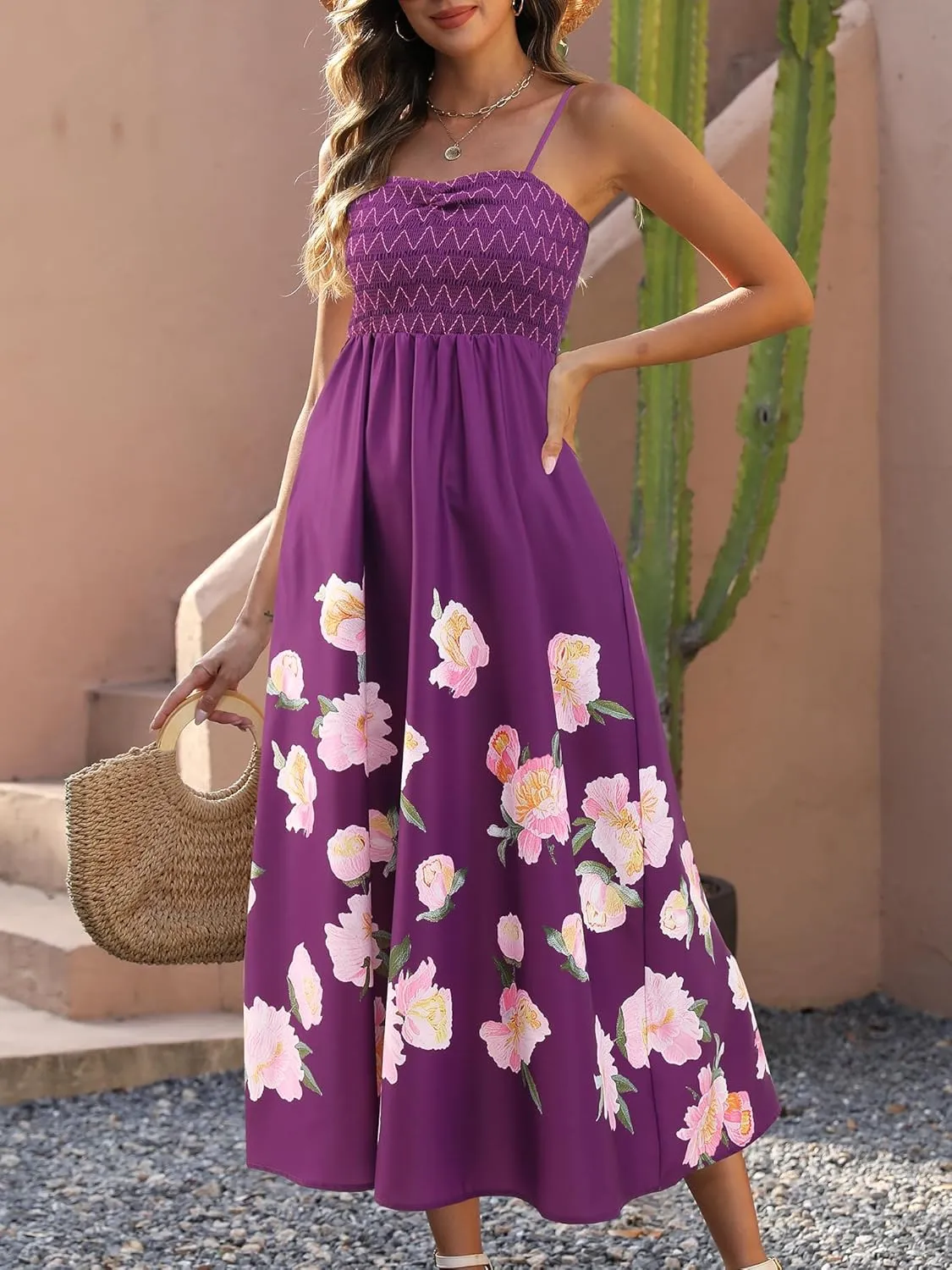 Gardenwed Women's Floral Print Maxi Dress,Spaghetti Strap Smocked Bodice A-Line Sundress with Pockets