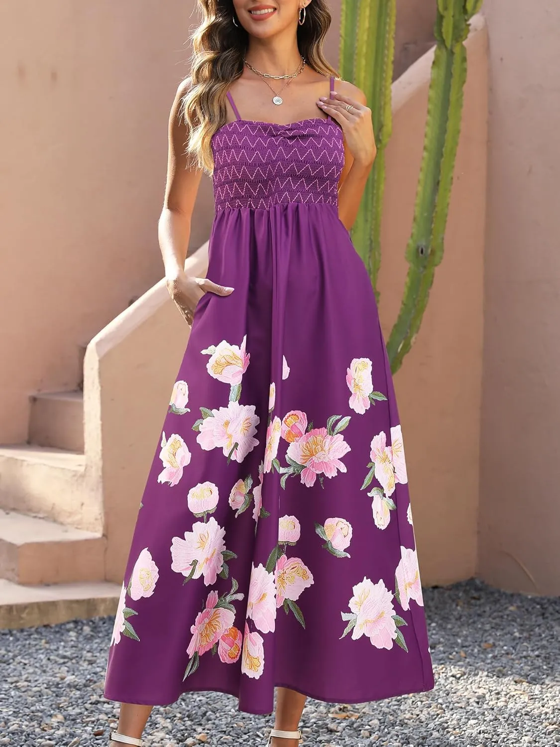 Gardenwed Women's Floral Print Maxi Dress,Spaghetti Strap Smocked Bodice A-Line Sundress with Pockets