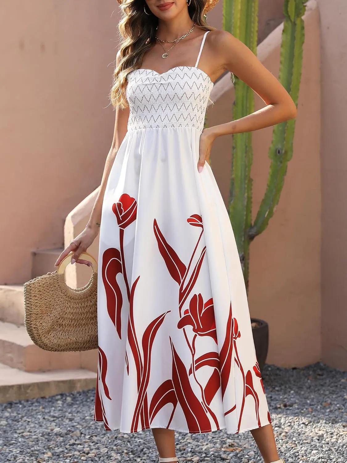 Gardenwed Women's Floral Print Maxi Dress,Spaghetti Strap Smocked Bodice A-Line Sundress with Pockets