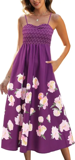 Gardenwed Women's Floral Print Maxi Dress,Spaghetti Strap Smocked Bodice A-Line Sundress with Pockets