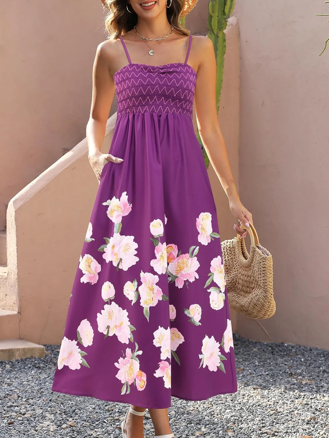 Gardenwed Women's Floral Print Maxi Dress,Spaghetti Strap Smocked Bodice A-Line Sundress with Pockets