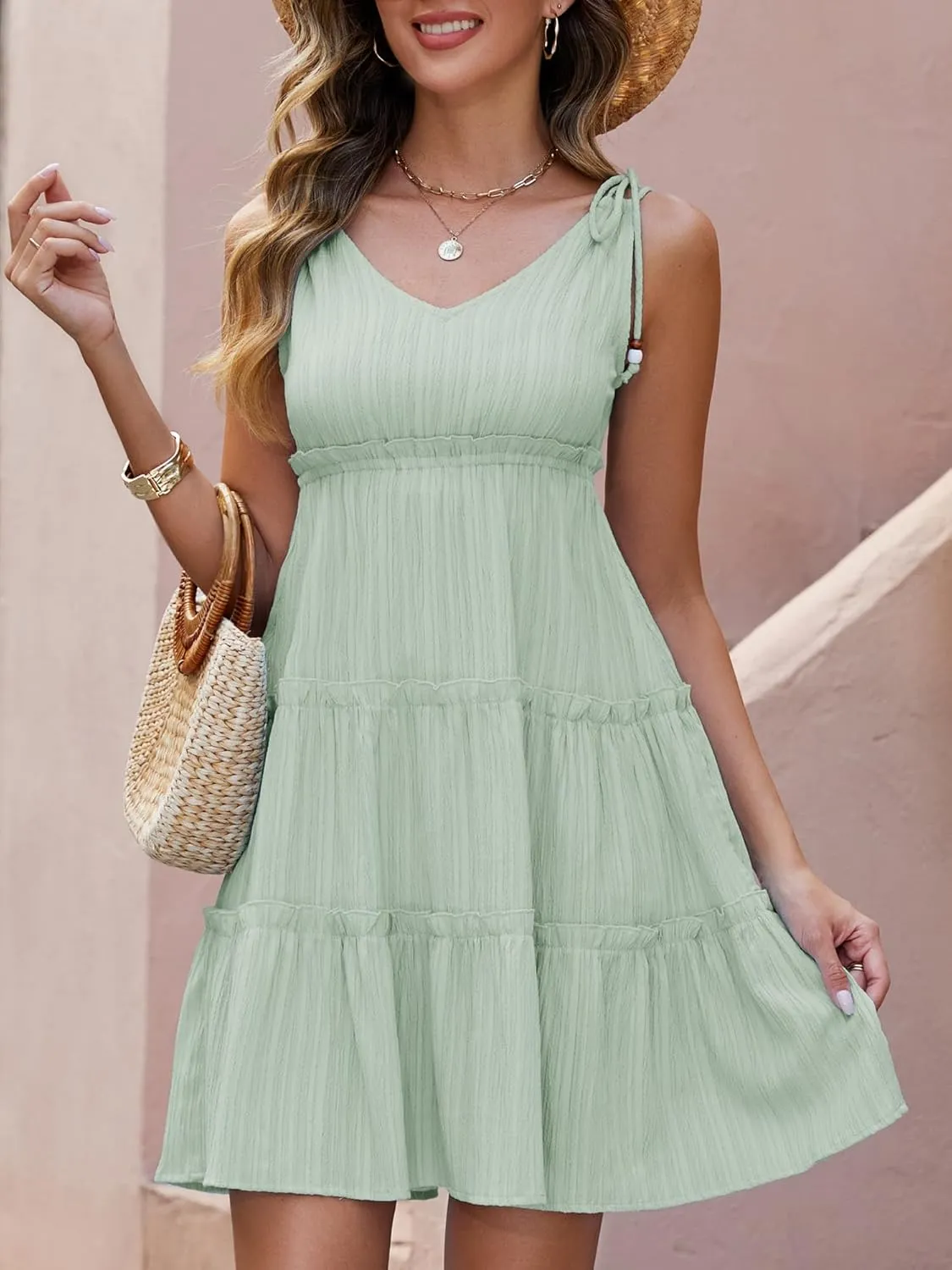 Gardenwed Women's Summer Tiered Sundress, V-Neck Sleeveless Ruffle Casual A-Line Beach Mini Dress with Shoulder Ties