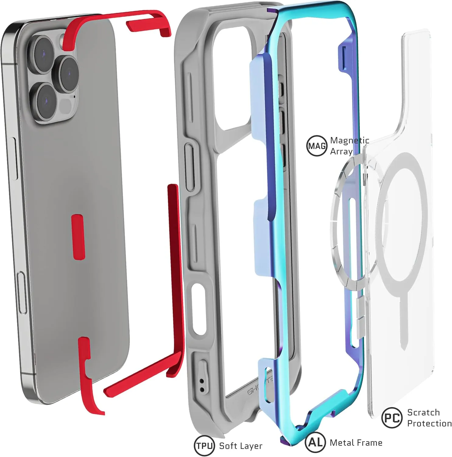 Ghostek Atomic Slim iPhone 16 Pro Max Case, Compatible with Apple MagSafe Accessories, Aluminum Metal Bumper, Shockproof Drop Protection (6.9 Inch, Prismatic)