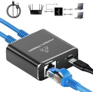 Gigabit Ethernet Splitter 1 to 2 High Speed(2 Devices Simultaneously Networking), 1000Mbps Internet Splitter 1 in 2 out, LAN Splitter with USB Power Cable, RJ45 Splitter for Cat5/5e/6/7/8 Cable