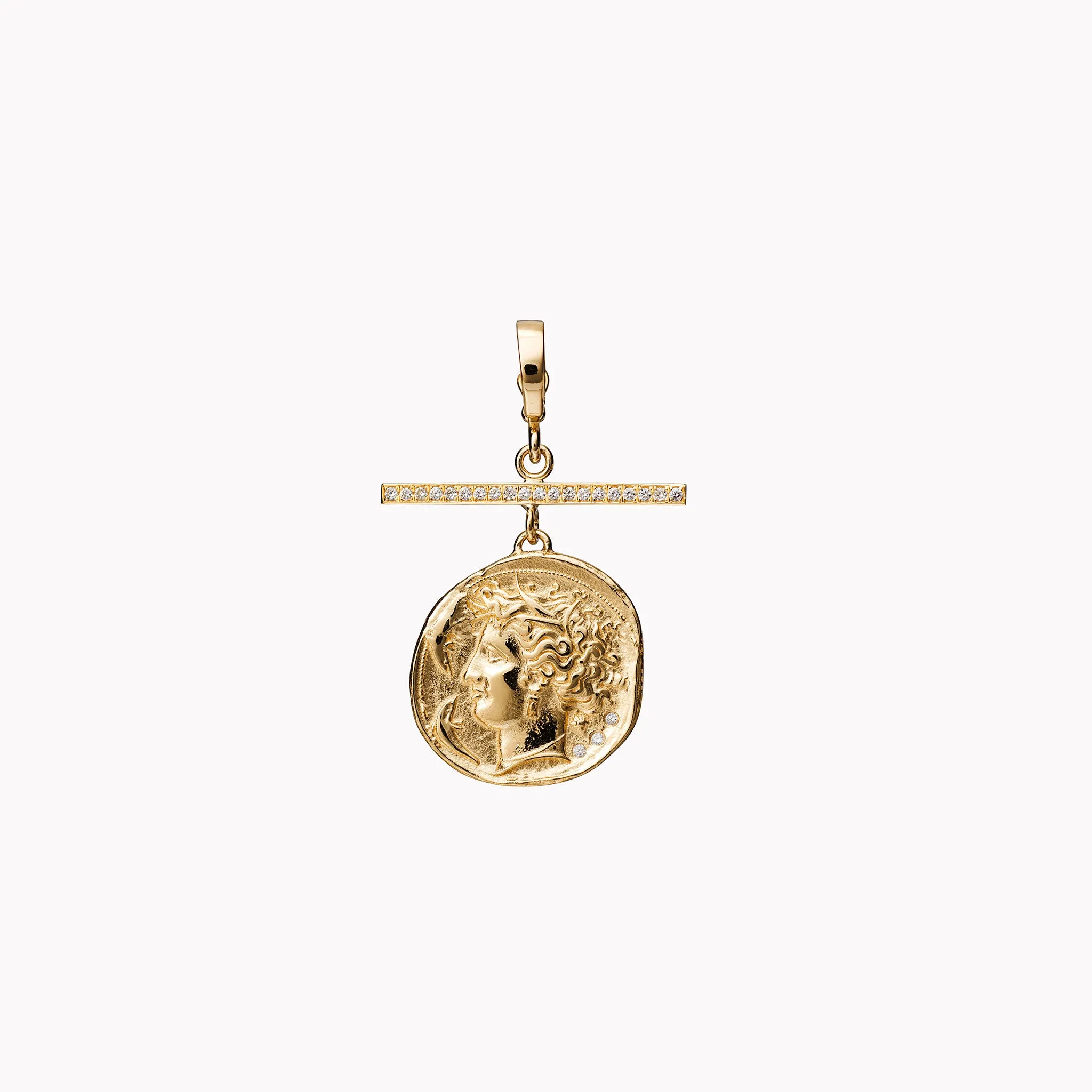 Goddess Small Diamond Coin Charm Necklace with Pavé Diamond Bar