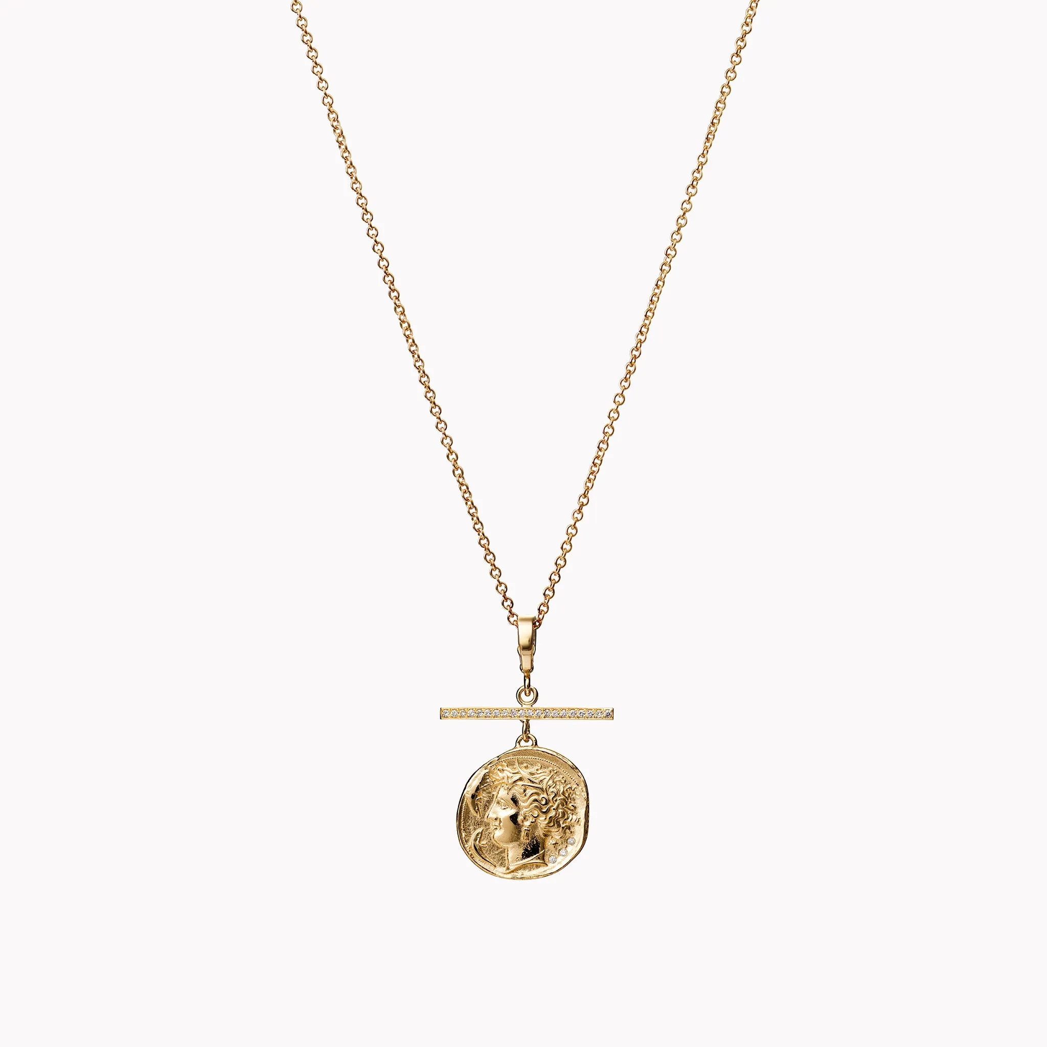 Goddess Small Diamond Coin Charm Necklace with Pavé Diamond Bar