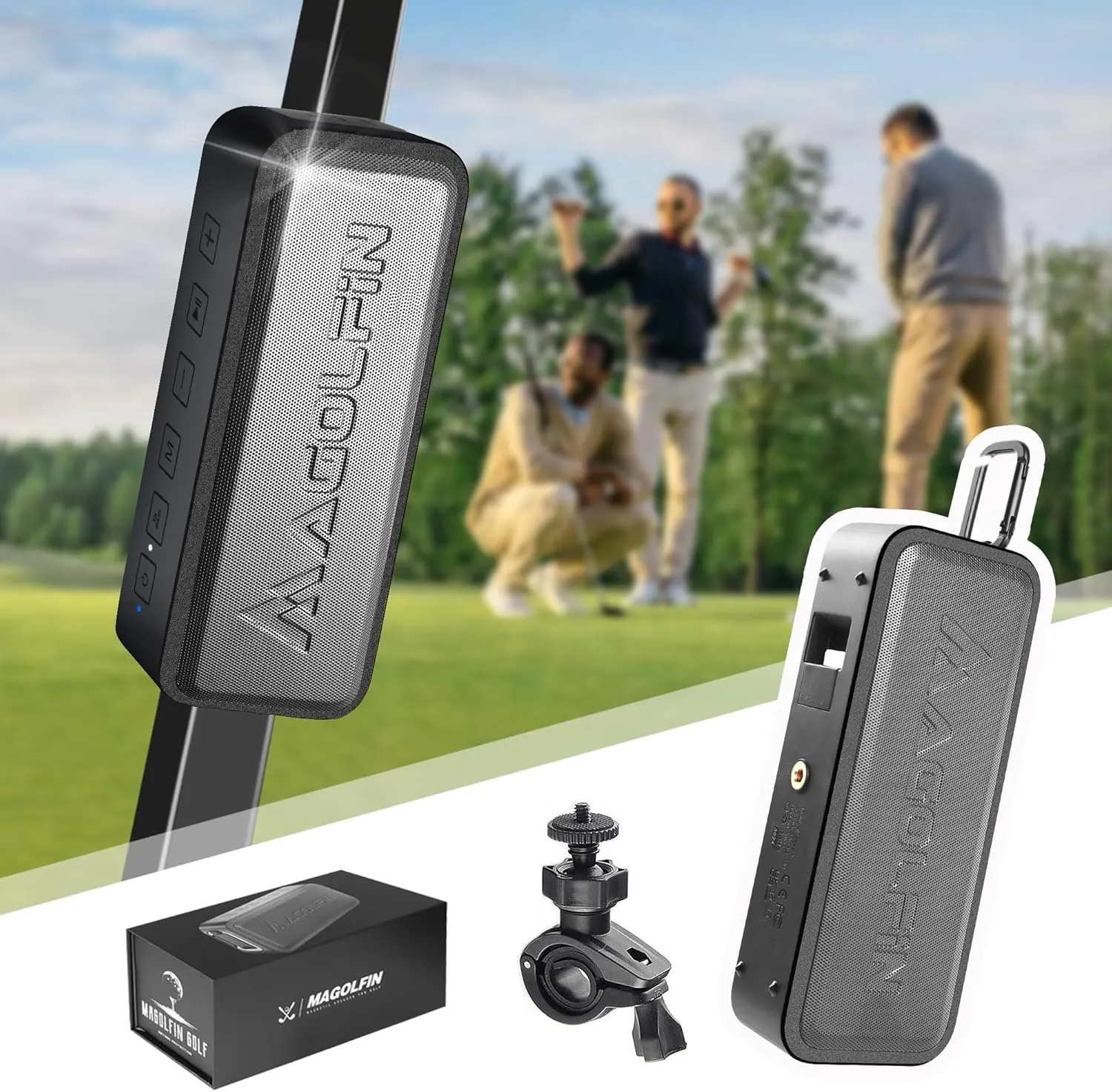Golf Cart Speaker, 5000mAh Magnetic Speaker for Golf Cart with 30W Premium Sound, Bicycle Mount, Hook Design, IPX7 Waterproof Golf Cart Accessories, Ideal Golf Gifts for Men - Black