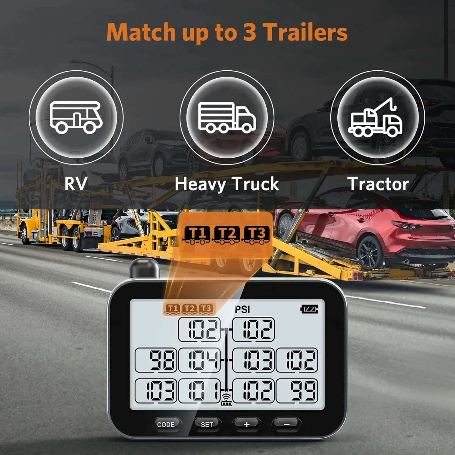 GUTA Trailer Tire Pressure Monitoring System, RV TPMS with 10 Sensors, 6 Alert Modes, Signal Booster, Power Saving Display, Long Sensing Distance, for 3 Trailers (T1/T2/T3), for Camper, Motor Homes