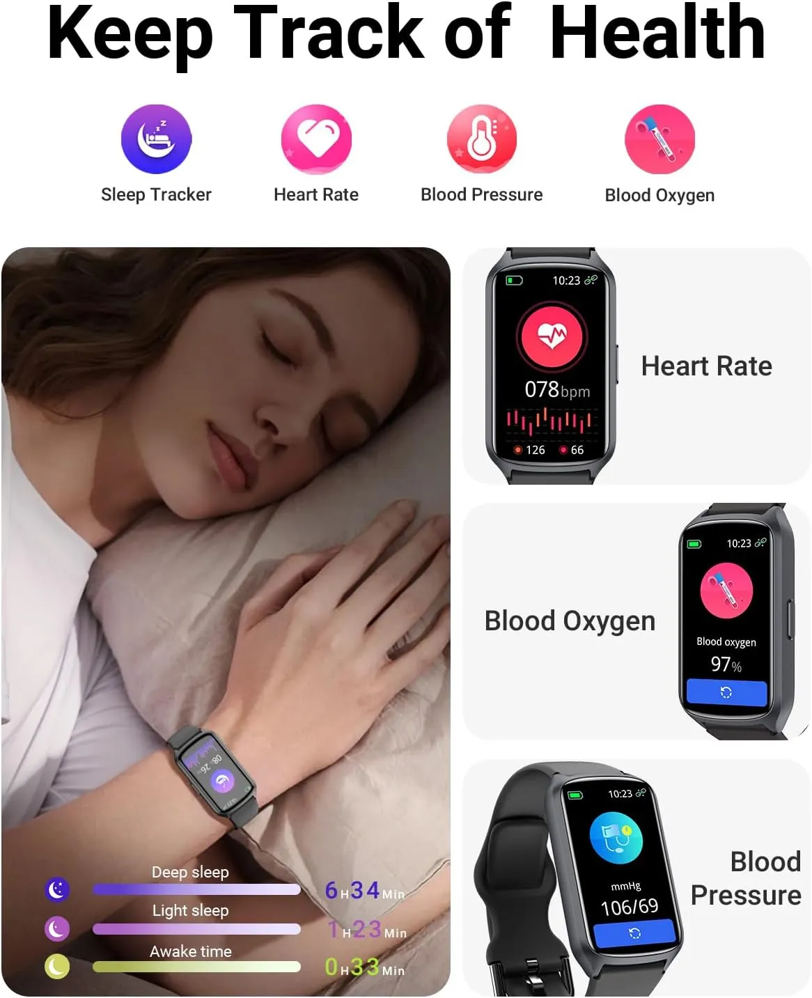 Health Fitness Tracker with 24/7 Heart Rate, Blood Oxygen, Blood Pressure, Sleep Tracker, 5ATM Waterproof Activity Trackers with Step Tracker, Pedometer (S & L Bands Included)