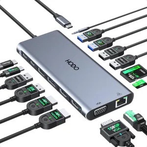 HODO USB C Docking Station Dual Monitor for Laptop USBC Hub Multiport Adapter 15 IN 1 Dongle Quad Display with 2 HDMI 4K@60Hz DP 8K@30Hz VGA 6 USB Ports PD Ethernet SD/TF Audio for MacBook/Dell/HP etc
