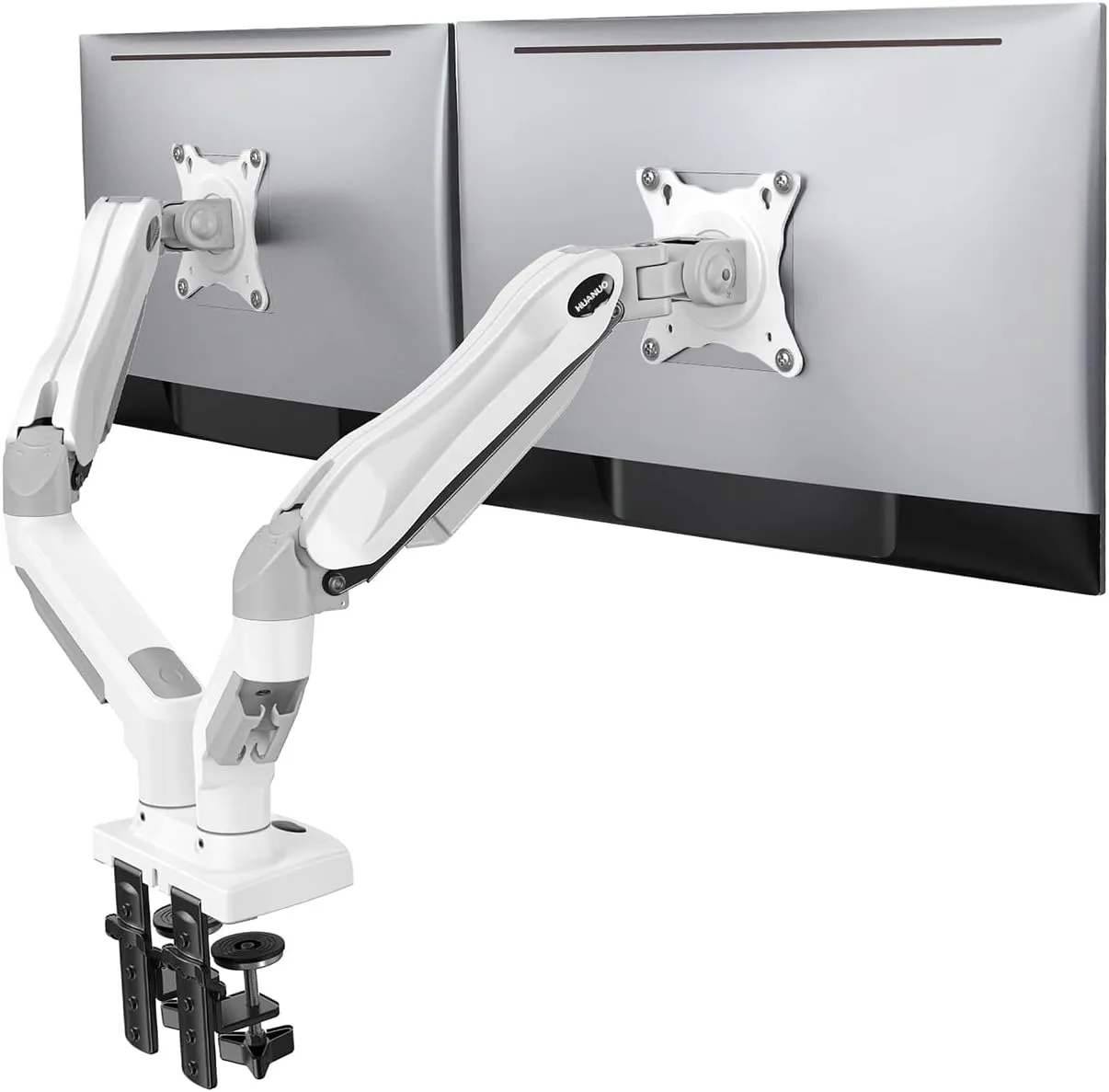 HUANUO Dual Monitor Stand - Full Adjustable Monitor Desk Mount Swivel Vesa Bracket with C Clamp, Grommet Mounting Base for 13 to 32 Inch Computer Screens - Each Arm Holds 4.4 to 19.8lbs - Whtie