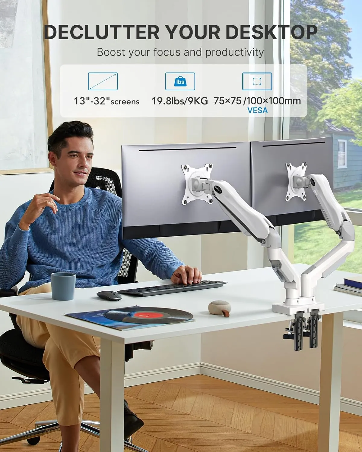 HUANUO Dual Monitor Stand - Full Adjustable Monitor Desk Mount Swivel Vesa Bracket with C Clamp, Grommet Mounting Base for 13 to 32 Inch Computer Screens - Each Arm Holds 4.4 to 19.8lbs - Whtie