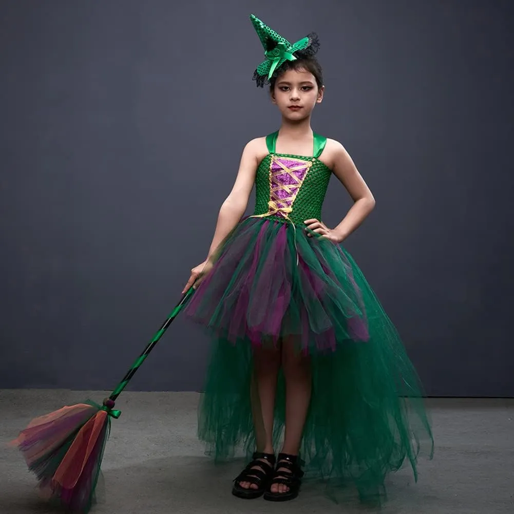 IBAKOM Girls' Bat Sleeve Witch Hat Broom Scary Witch Dress Toddler Halloween Cosplay Outfit