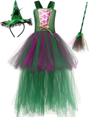 IBAKOM Girls' Bat Sleeve Witch Hat Broom Scary Witch Dress Toddler Halloween Cosplay Outfit