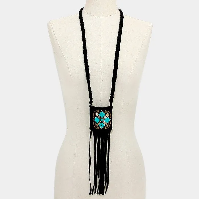 iLLASPARKZ Boho Beaded Suede Magnetic Snap Pocket Fringe Long Necklace