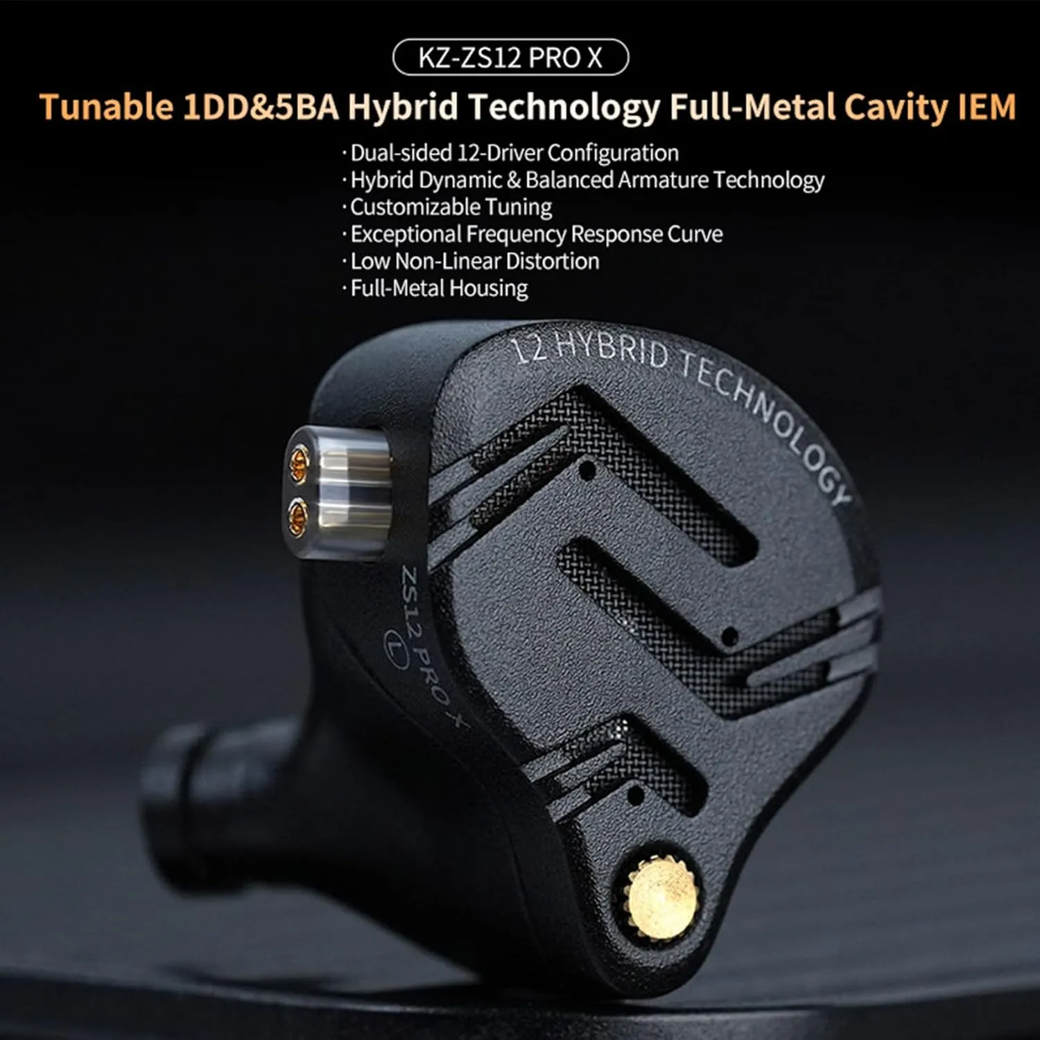 in Ear Monitor IEM Headphones,KZ ZS12 PRO X 1DD 5BA Hybrid Wired Gaming Earbuds,KZ Earbuds Earphones,Best in Ear Headphones with 2PIN Cable for Audiophile (Dark Black,Tunable Version, NO Microphone)