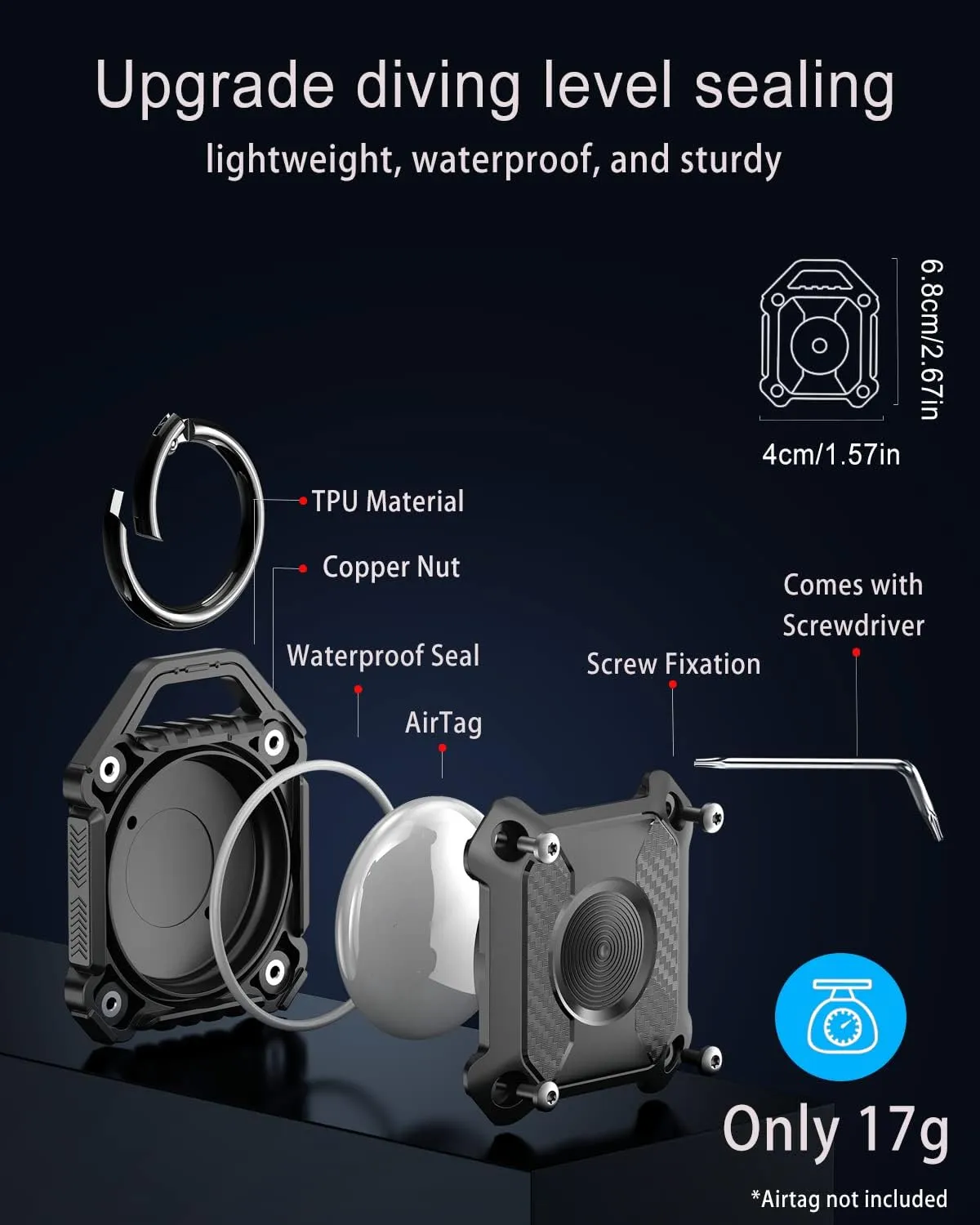 IP68 Waterproof Airtag Holder 2 PackHard TPU Airtag Keychain, 360 Full Protection Airtag Case with Key Chain for Key,Luggage,Dog Collar, Compatible Apple Air tag.