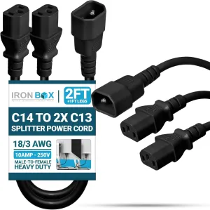 IronBox Electric IEC C14 to 2X C13 Splitter Power Cord - 10A, 250V, 18/3 AWG - UL Listed Power Extension Cable - Heavy Duty Adapter Cables for Computer, Monitor, PDU, Printer & More (2ft   1ft Legs)