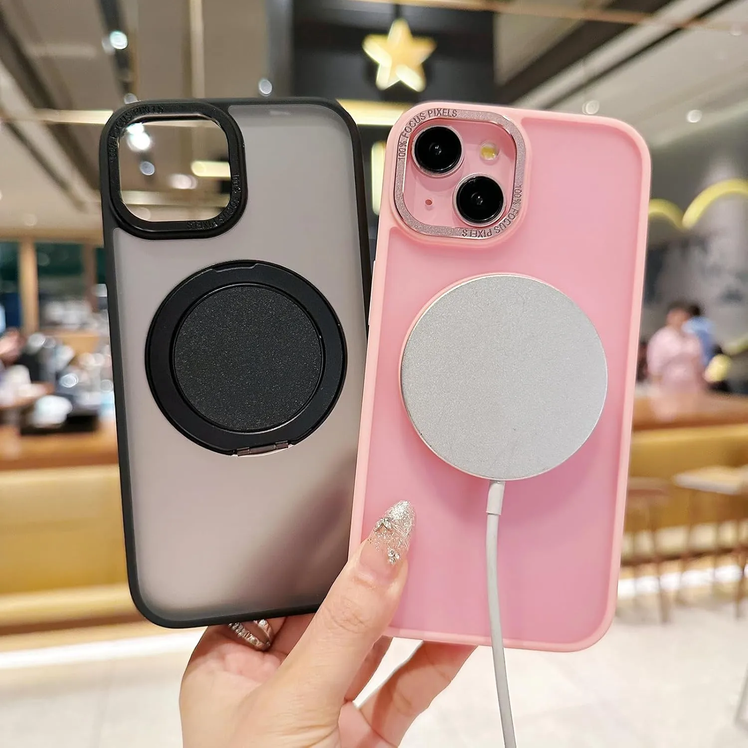 IYH 360 Rotatable Stand for iPhone 13,iPhone 14 Phone Case [Compatible with Magsafe], Magnetic Ring Military Grade Shockproof Translucent Back,Matte(Black)