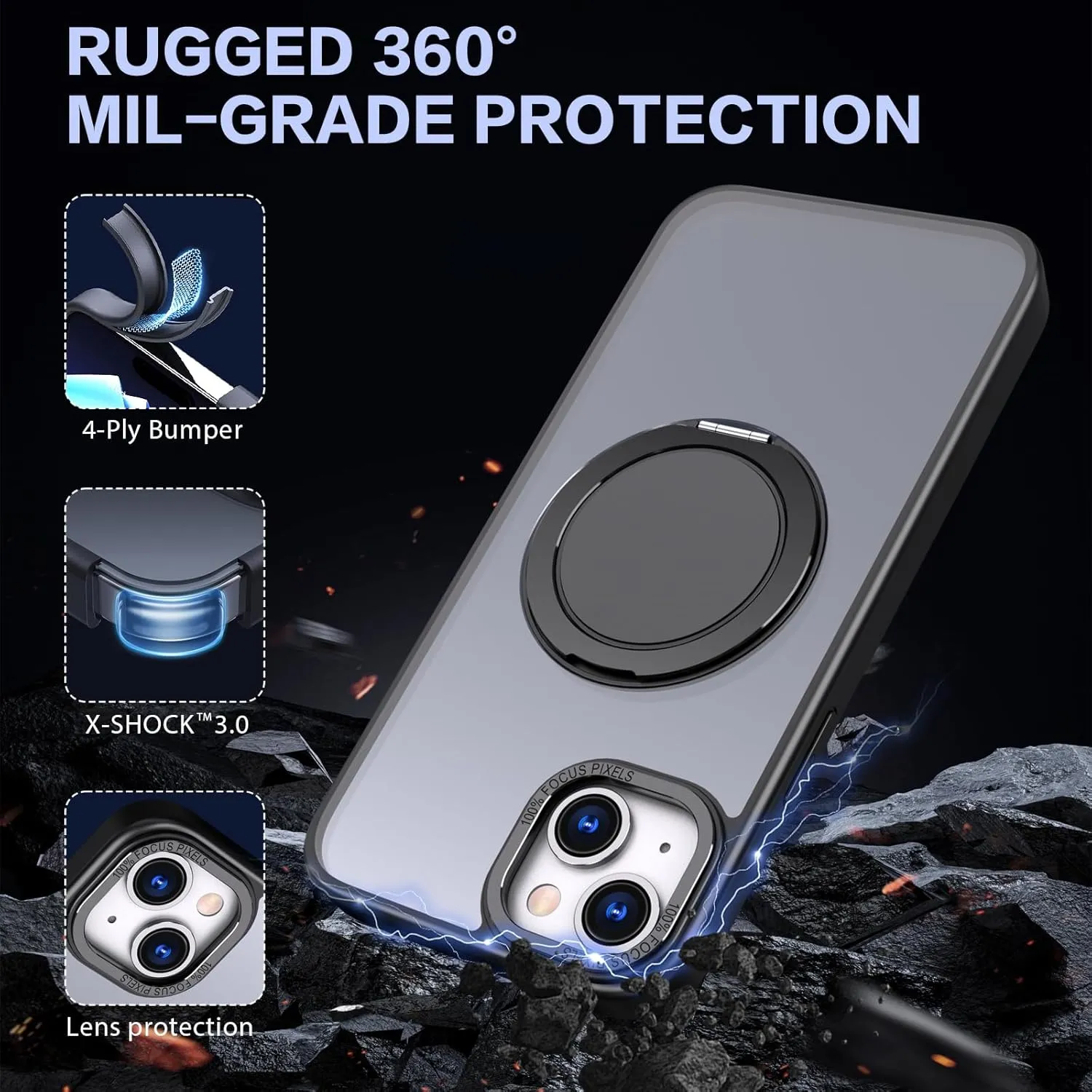IYH 360 Rotatable Stand for iPhone 13,iPhone 14 Phone Case [Compatible with Magsafe], Magnetic Ring Military Grade Shockproof Translucent Back,Matte(Black)