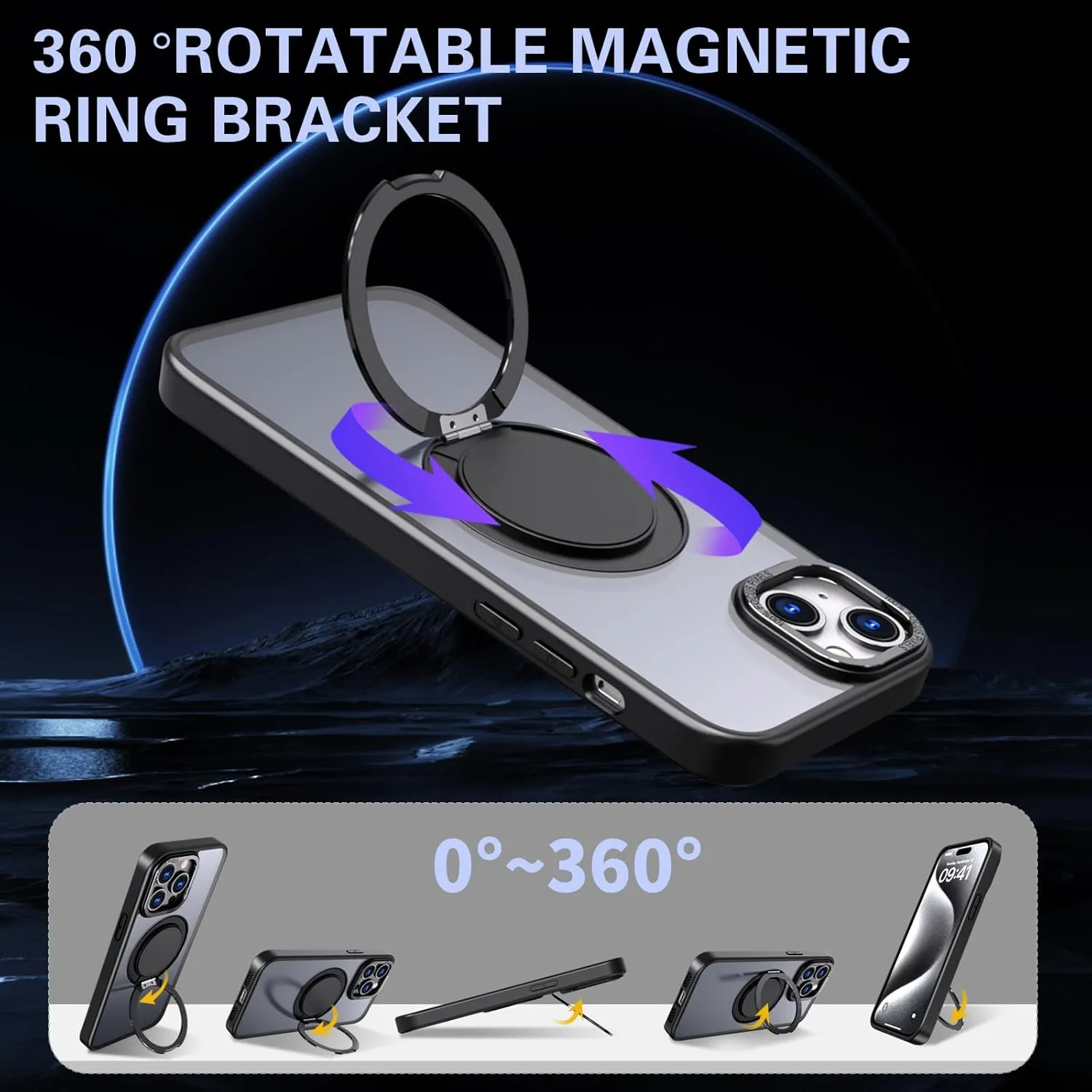IYH 360 Rotatable Stand for iPhone 13,iPhone 14 Phone Case [Compatible with Magsafe], Magnetic Ring Military Grade Shockproof Translucent Back,Matte(Black)