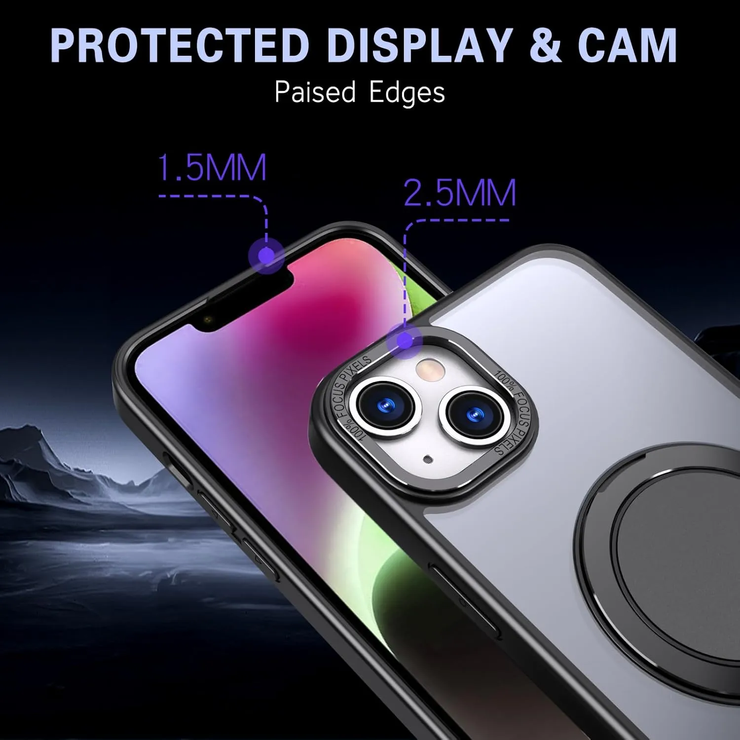 IYH 360 Rotatable Stand for iPhone 13,iPhone 14 Phone Case [Compatible with Magsafe], Magnetic Ring Military Grade Shockproof Translucent Back,Matte(Black)