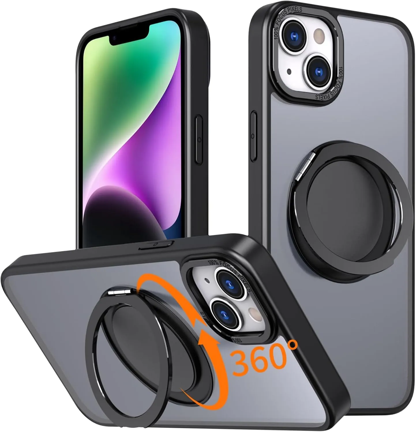 IYH 360 Rotatable Stand for iPhone 13,iPhone 14 Phone Case [Compatible with Magsafe], Magnetic Ring Military Grade Shockproof Translucent Back,Matte(Black)